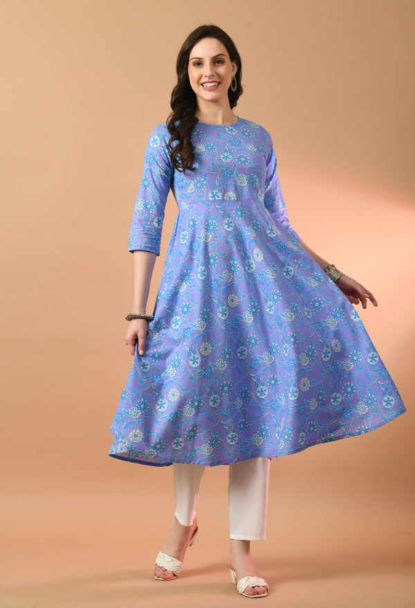 Round Neck Floral Print Long Kurti