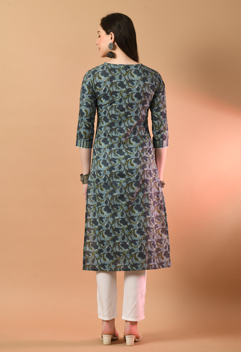 V-Neck Floral Print Long Kurti