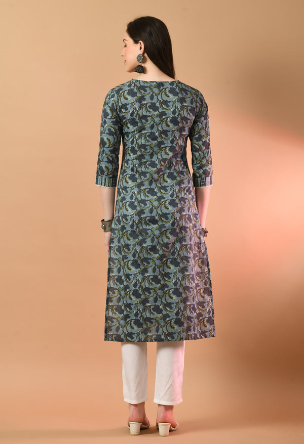 V-Neck Floral Print Long Kurti
