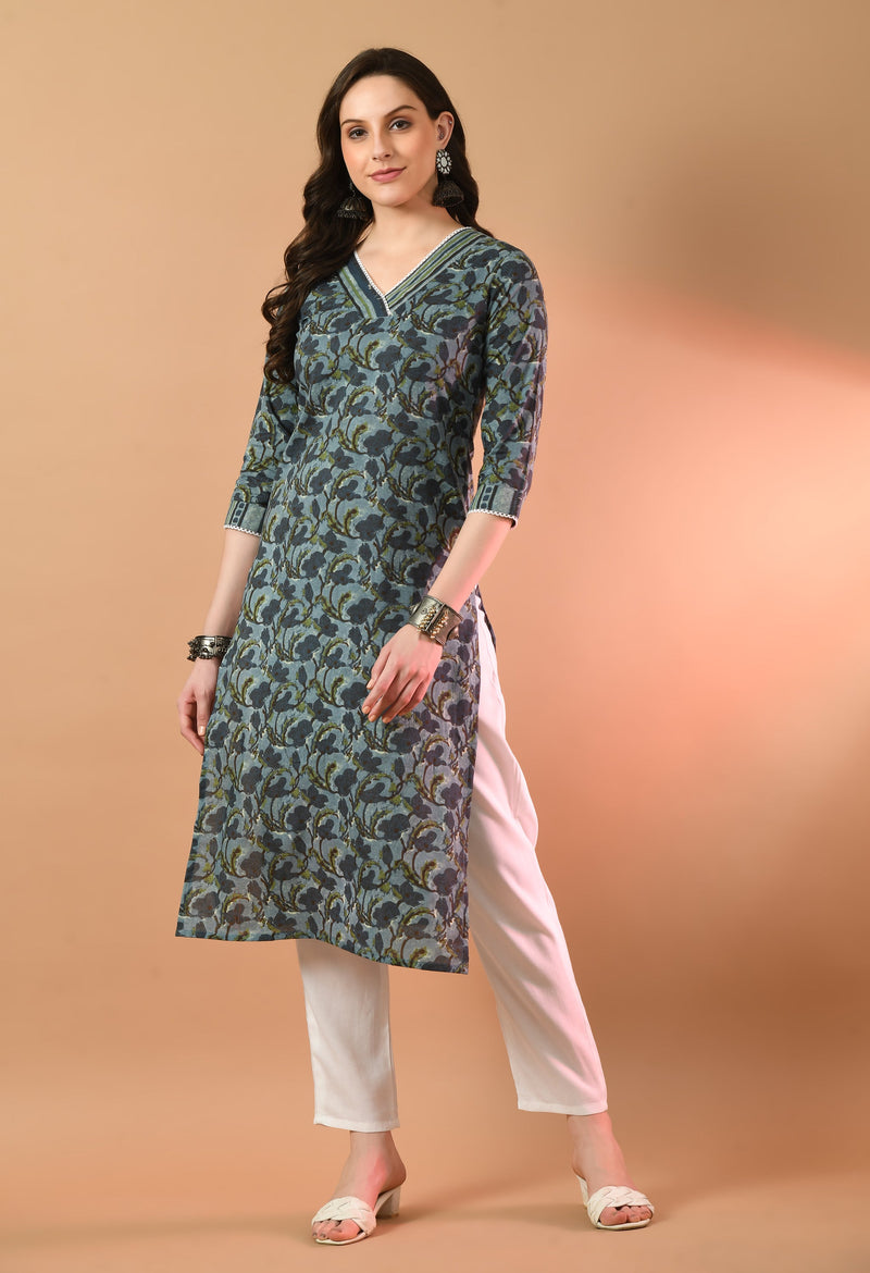 V-Neck Floral Print Long Kurti