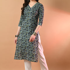 V-Neck Floral Print Long Kurti
