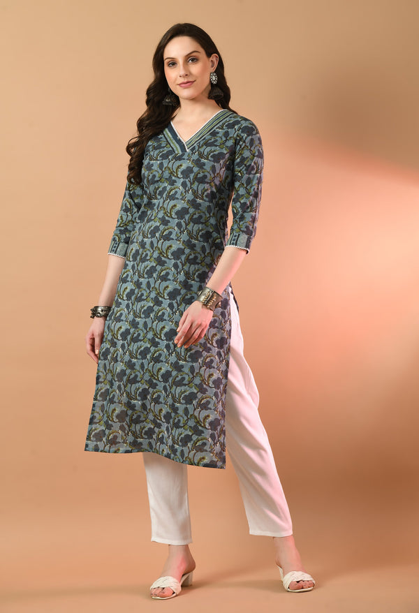 V-Neck Floral Print Long Kurti