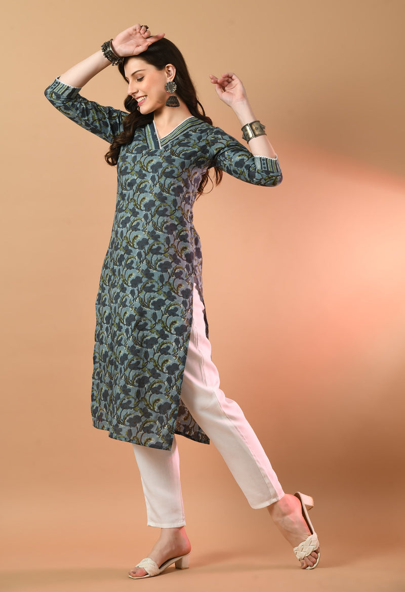 V-Neck Floral Print Long Kurti