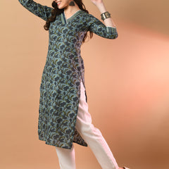 V-Neck Floral Print Long Kurti