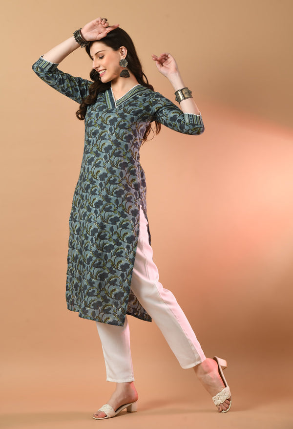 V-Neck Floral Print Long Kurti