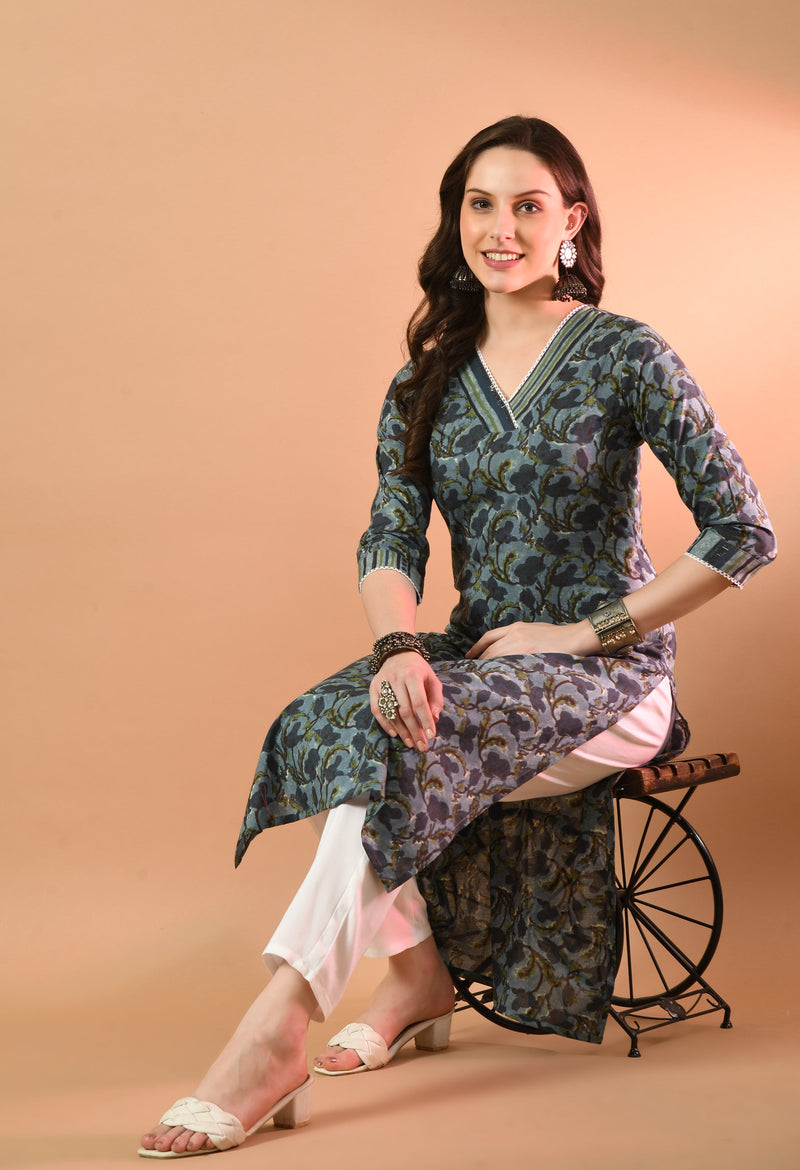 V-Neck Floral Print Long Kurti