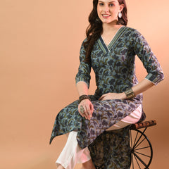 V-Neck Floral Print Long Kurti