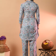 Grey Elegant Collared Co-Ord Set with Frill Detail & Elasticated Pants