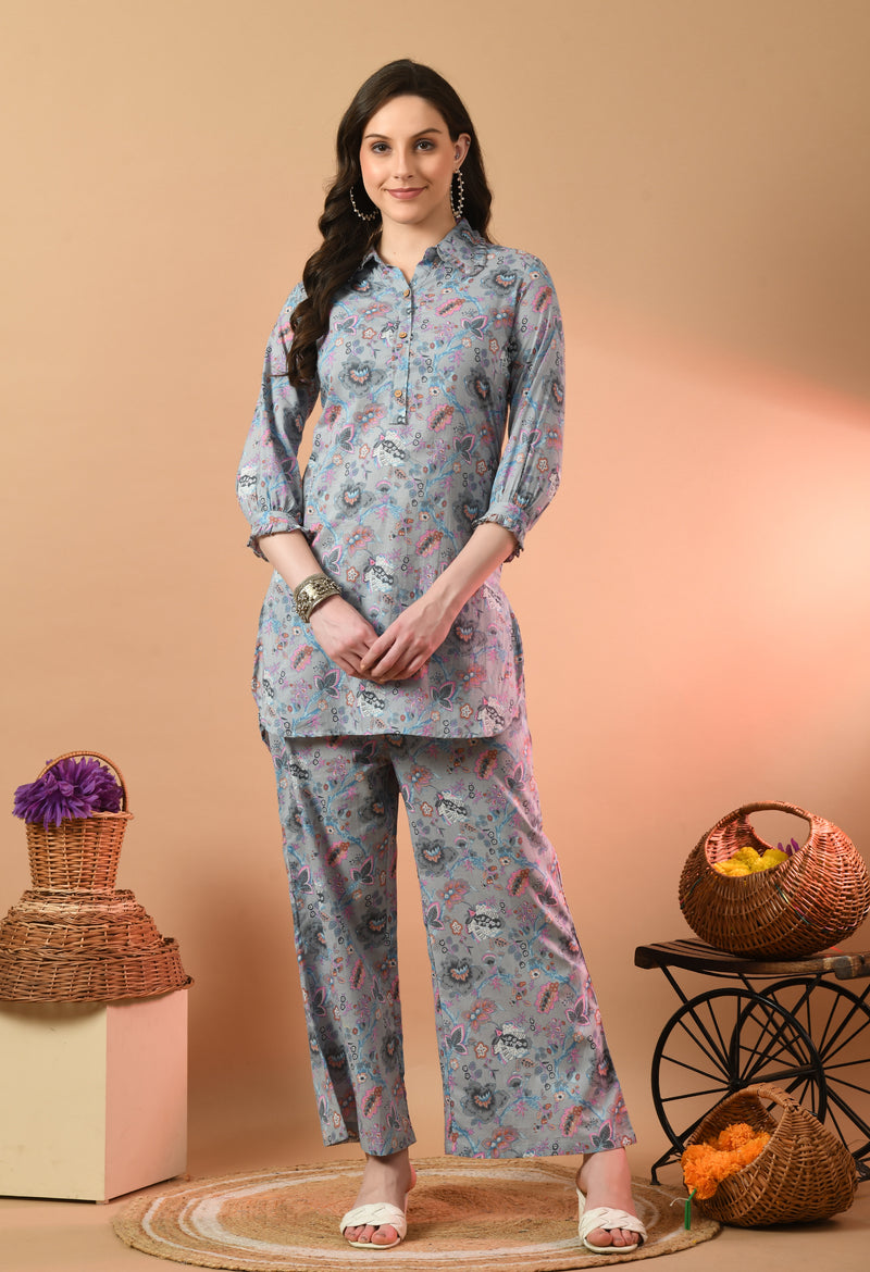 Grey Elegant Collared Co-Ord Set with Frill Detail & Elasticated Pants