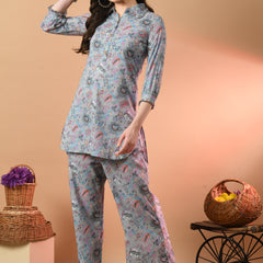 Grey Elegant Collared Co-Ord Set with Frill Detail & Elasticated Pants