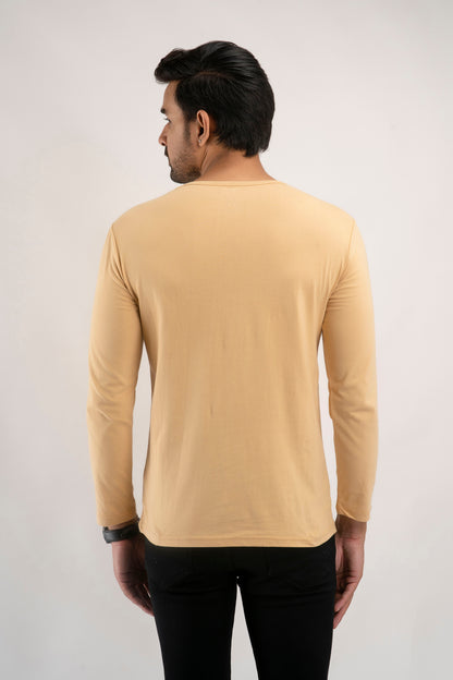 Plain Beige Henley Full Sleeves T-Shirt