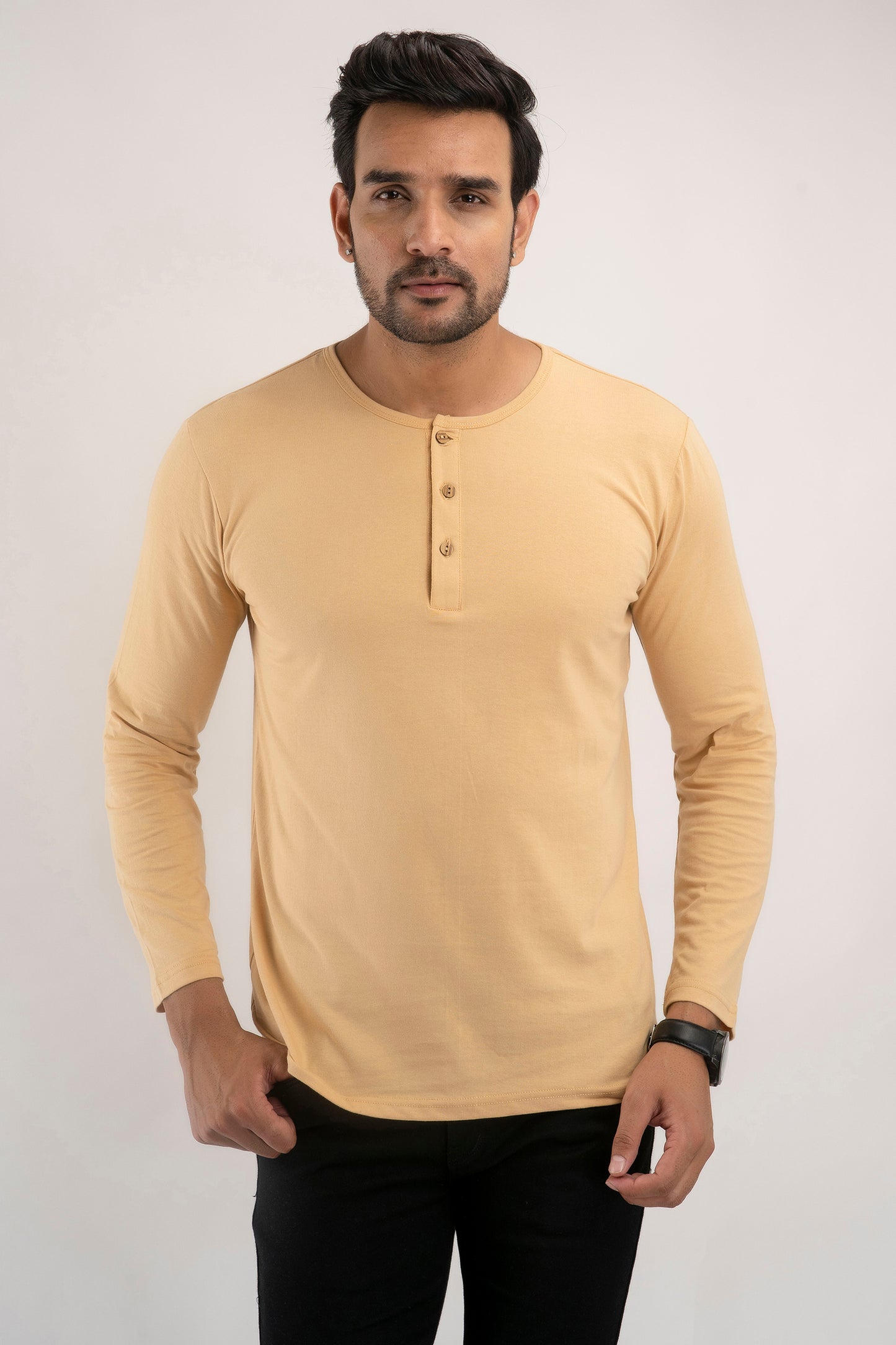 Plain Beige Henley Full Sleeves T-Shirt