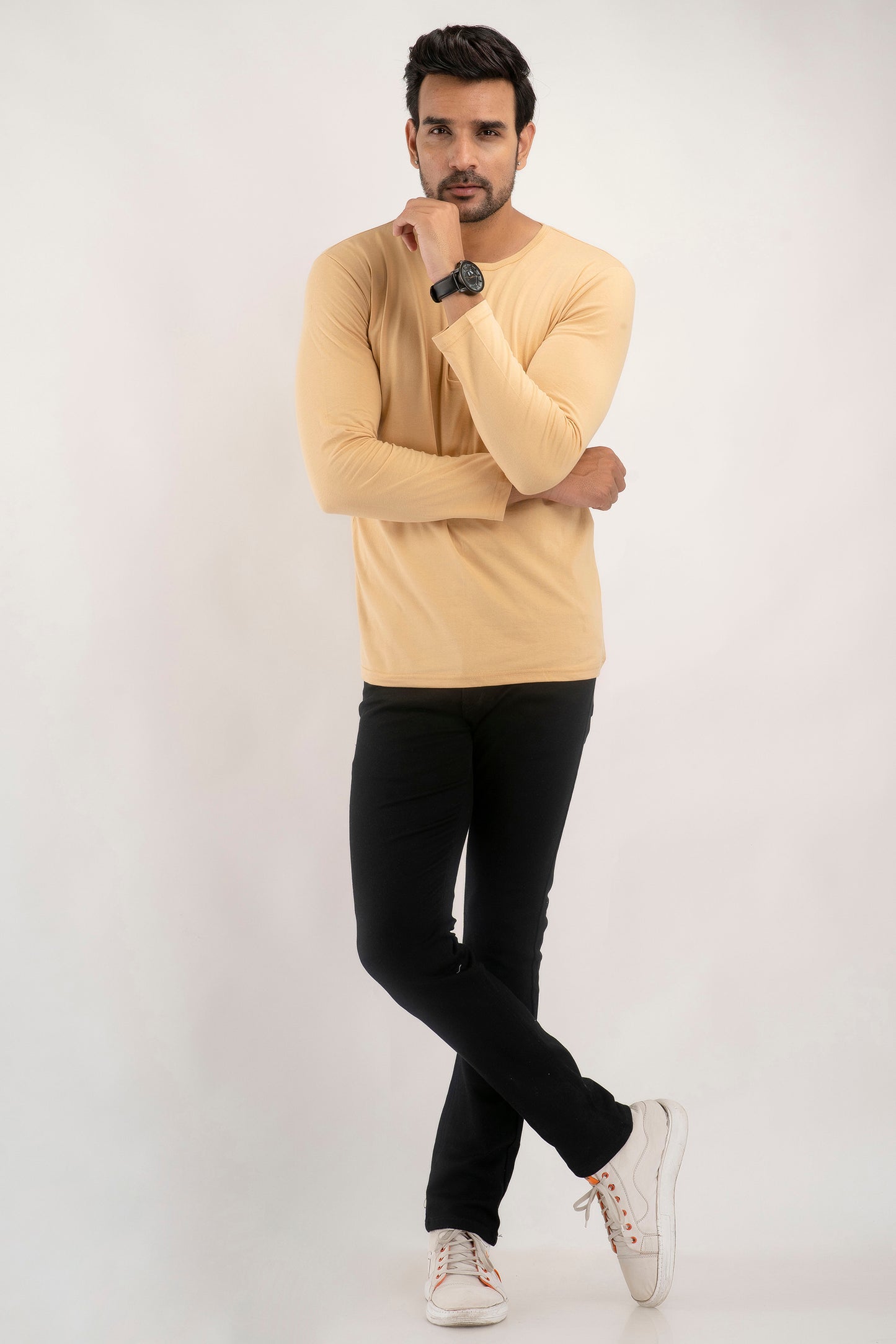 Plain Beige Henley Full Sleeves T-Shirt