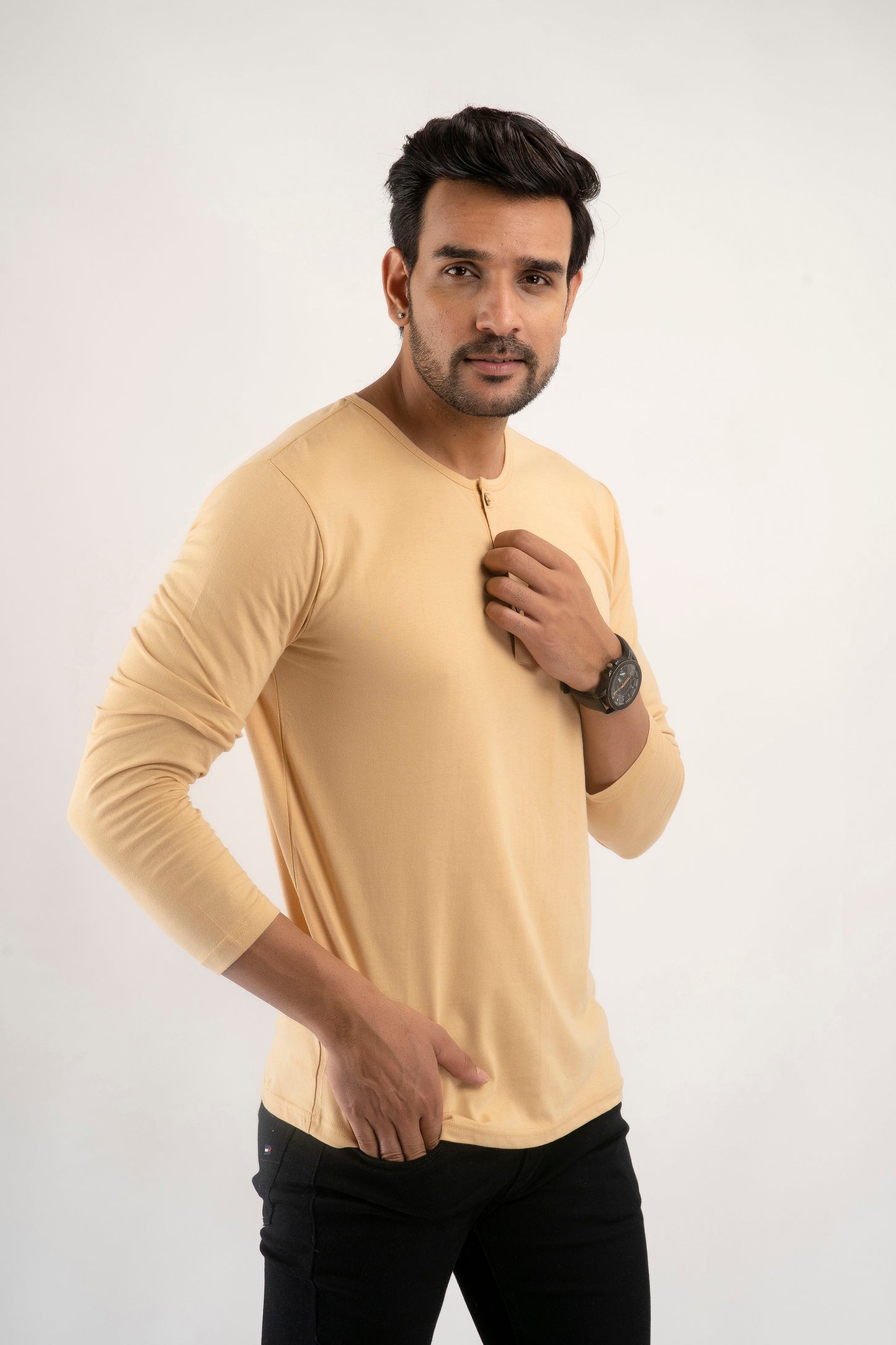 Plain Beige Henley Full Sleeves T-Shirt