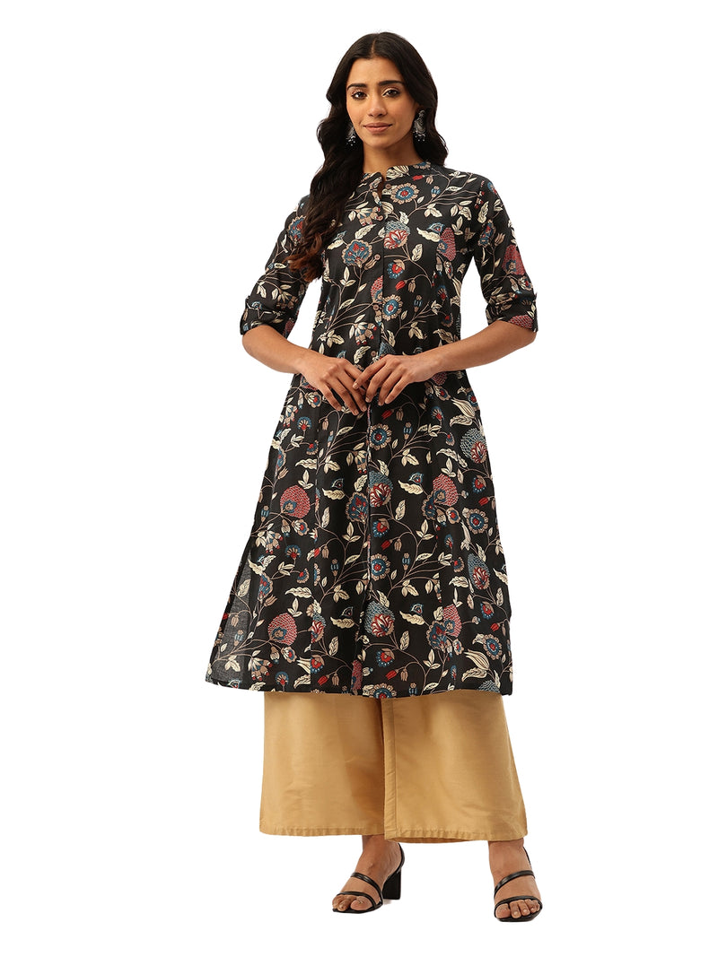 Elegant A-Line Long Kurta for Women - Mandarin Collar with Button Detailing