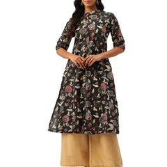 Elegant A-Line Long Kurta for Women - Mandarin Collar with Button Detailing