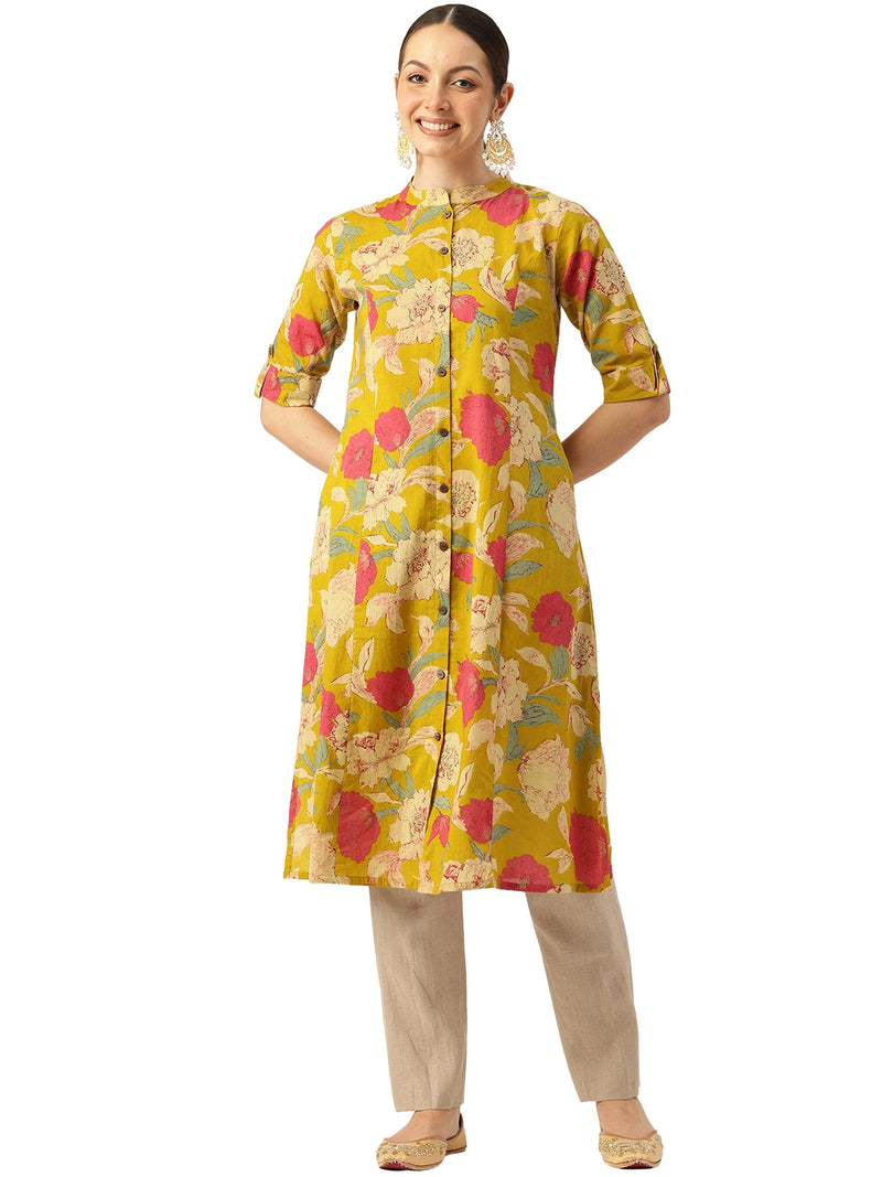 Elegant A-Line Long Kurta for Women - Mandarin Collar with Button Detailing