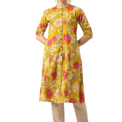 Elegant A-Line Long Kurta for Women - Mandarin Collar with Button Detailing