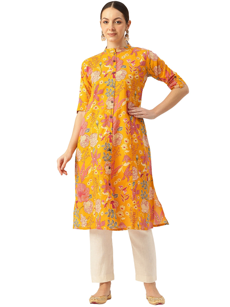 Elegant A-Line Long Kurta for Women - Mandarin Collar with Button Detailing