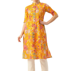 Elegant A-Line Long Kurta for Women - Mandarin Collar with Button Detailing