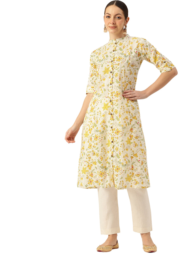 Elegant A-Line Long Kurta for Women - Mandarin Collar with Button Detailing