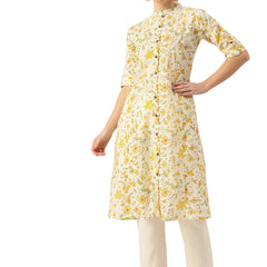 Elegant A-Line Long Kurta for Women - Mandarin Collar with Button Detailing
