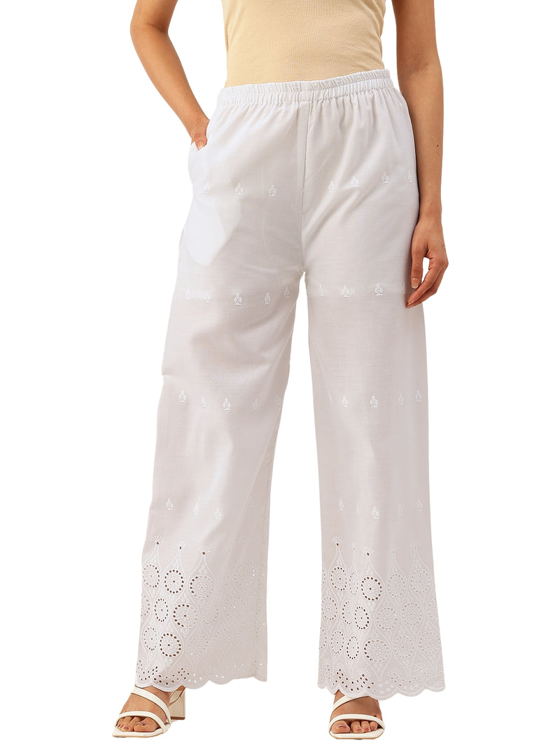 White Embroidered Palazzos–Fully Lined, Elastic Waist & Ankle-Length with Side Pocket