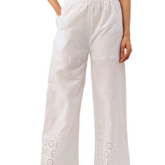 White Embroidered Palazzos–Fully Lined, Elastic Waist & Ankle-Length with Side Pocket