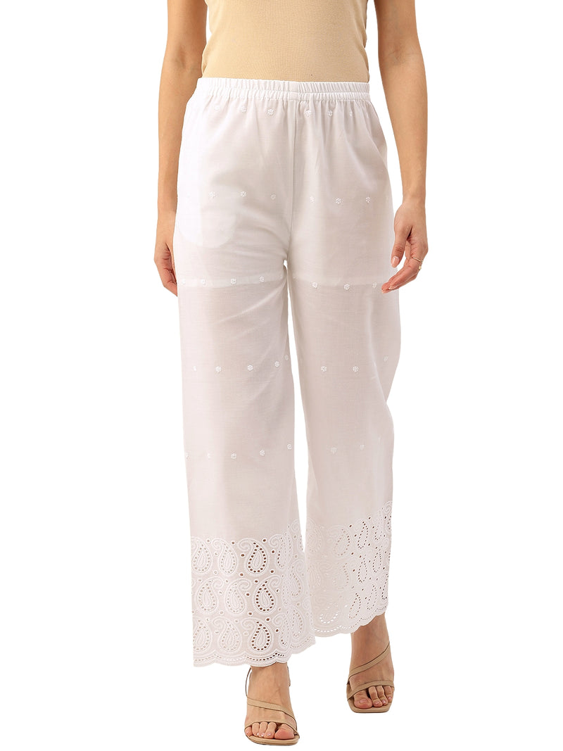White Embroidered Palazzos–Fully Lined, Elastic Waist & Ankle-Length with Side Pocket