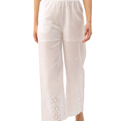 White Embroidered Palazzos–Fully Lined, Elastic Waist & Ankle-Length with Side Pocket