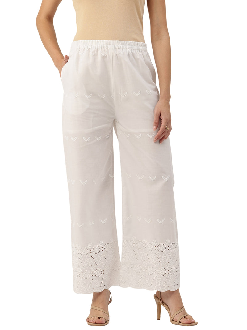 White Embroidered Palazzos–Fully Lined, Elastic Waist & Ankle-Length with Side Pocket