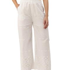 White Embroidered Palazzos–Fully Lined, Elastic Waist & Ankle-Length with Side Pocket