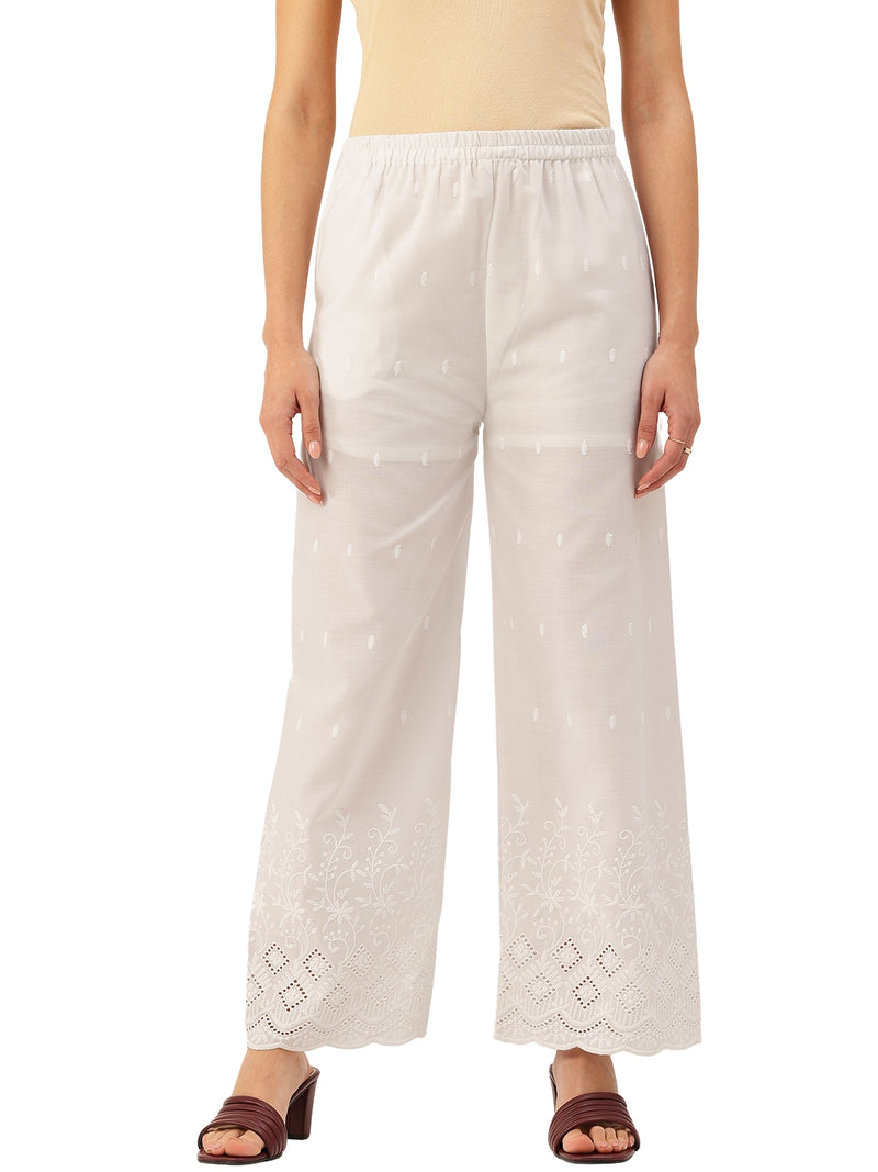 White Embroidered Palazzos–Fully Lined, Elastic Waist & Ankle-Length with Side Pocket
