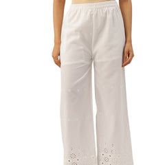 White Embroidered Palazzos–Fully Lined, Elastic Waist & Ankle-Length with Side Pocket
