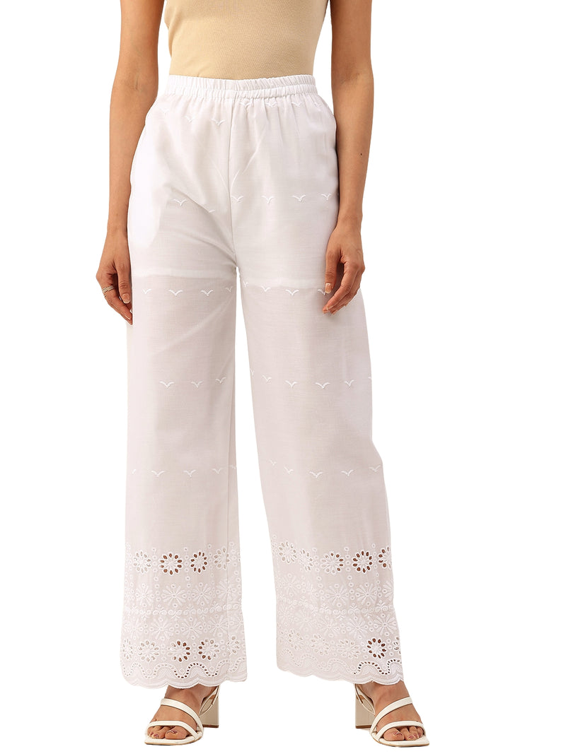White Embroidered Palazzos–Fully Lined, Elastic Waist & Ankle-Length with Side Pocket