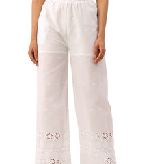 White Embroidered Palazzos–Fully Lined, Elastic Waist & Ankle-Length with Side Pocket