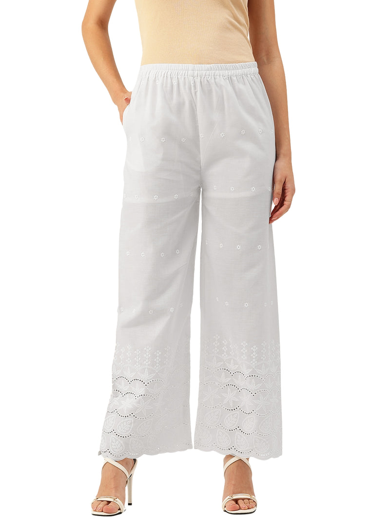 White Embroidered Palazzos–Fully Lined, Elastic Waist & Ankle-Length with Side Pocket