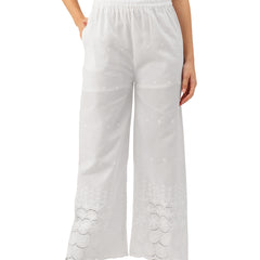 White Embroidered Palazzos–Fully Lined, Elastic Waist & Ankle-Length with Side Pocket