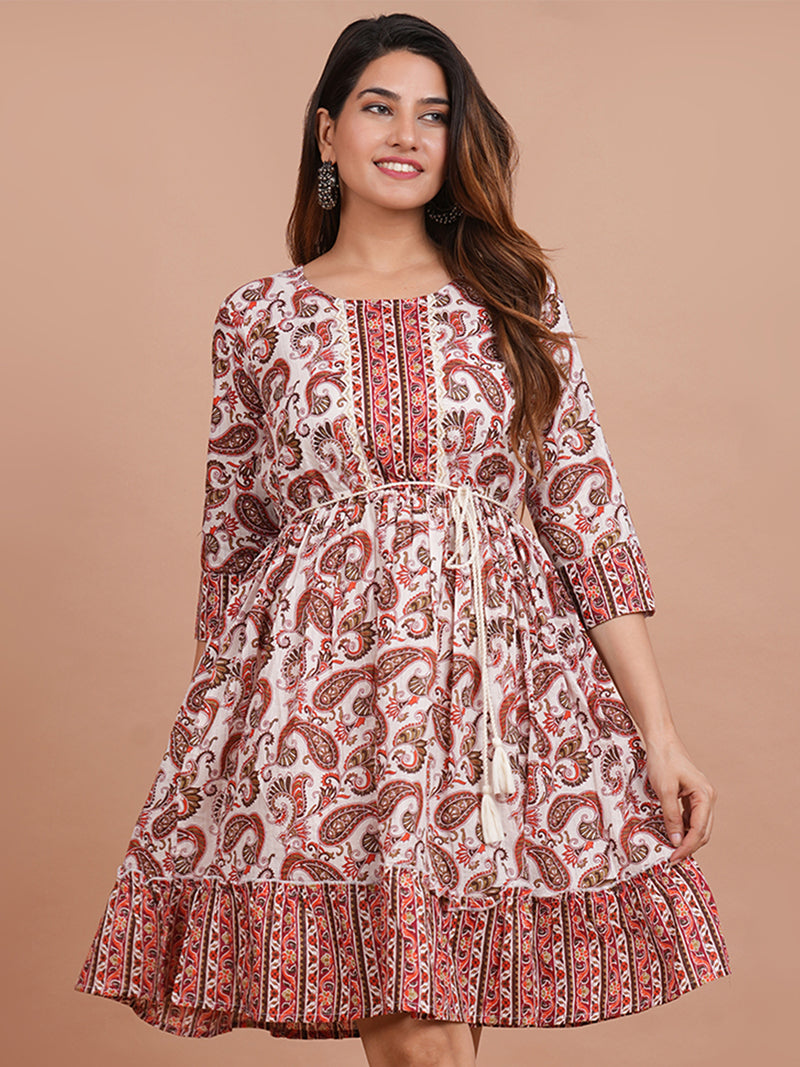 Floral Cotton Flared Dress (S–XXL | 3/4 Sleeves) – Breezy Comfort with Feminine Flow