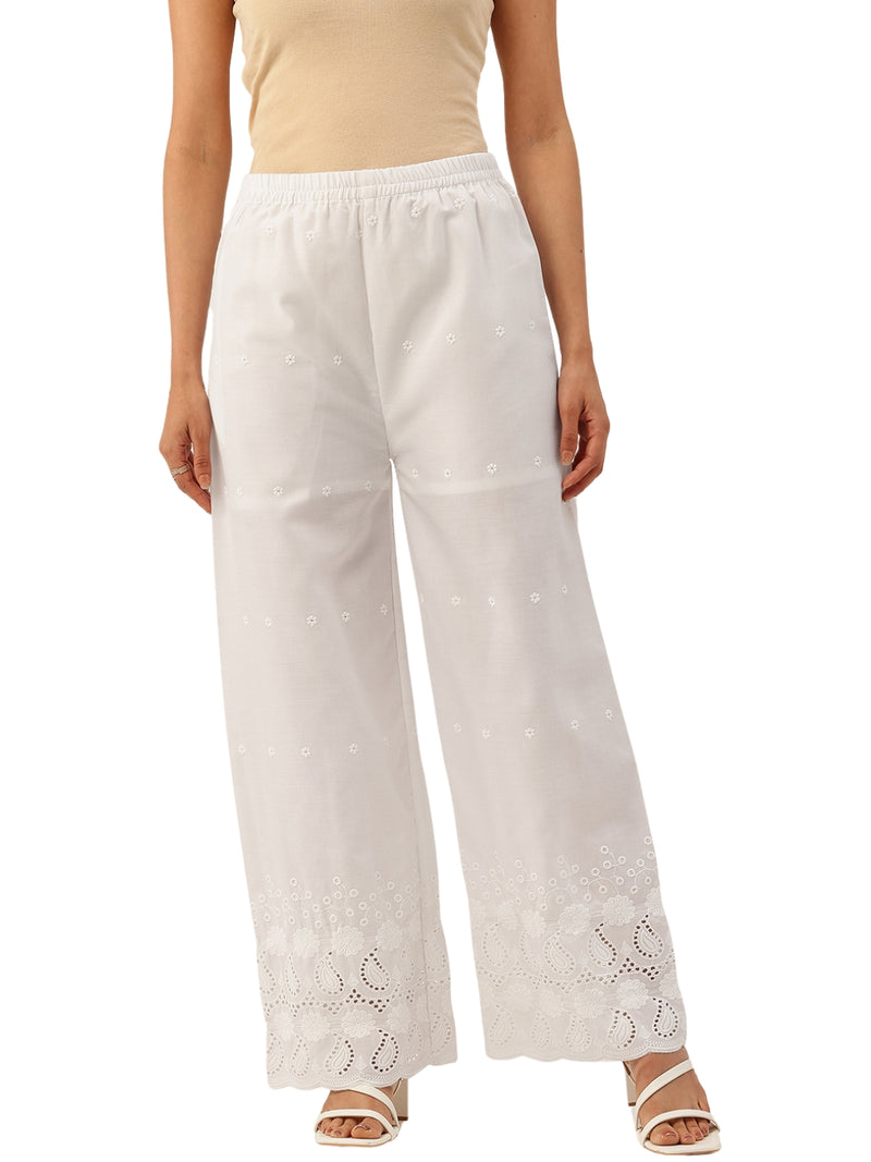 White Embroidered Palazzos–Fully Lined, Elastic Waist & Ankle-Length with Side Pocket