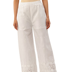 White Embroidered Palazzos–Fully Lined, Elastic Waist & Ankle-Length with Side Pocket