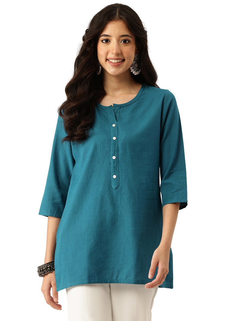 Elegant Short Kurti for Women –Button Detailing & 3/4 Sleeves | Round Neck |