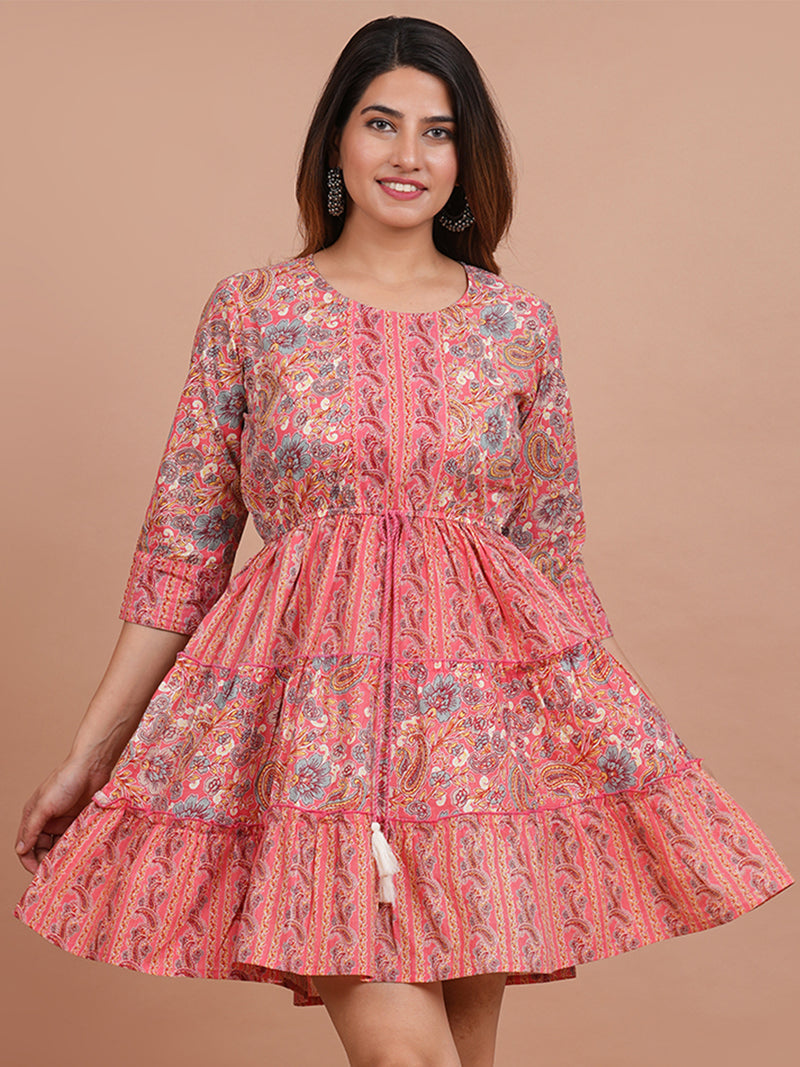 Floral Cotton Flared Dress (S–XXL | 3/4 Sleeves) – Breezy Comfort with Feminine Flow