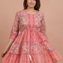 Floral Cotton Flared Dress (S–XXL | 3/4 Sleeves) – Breezy Comfort with Feminine Flow