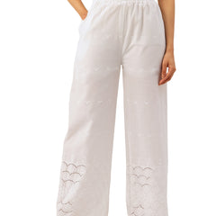 White Embroidered Palazzos–Fully Lined, Elastic Waist & Ankle-Length with Side Pocket