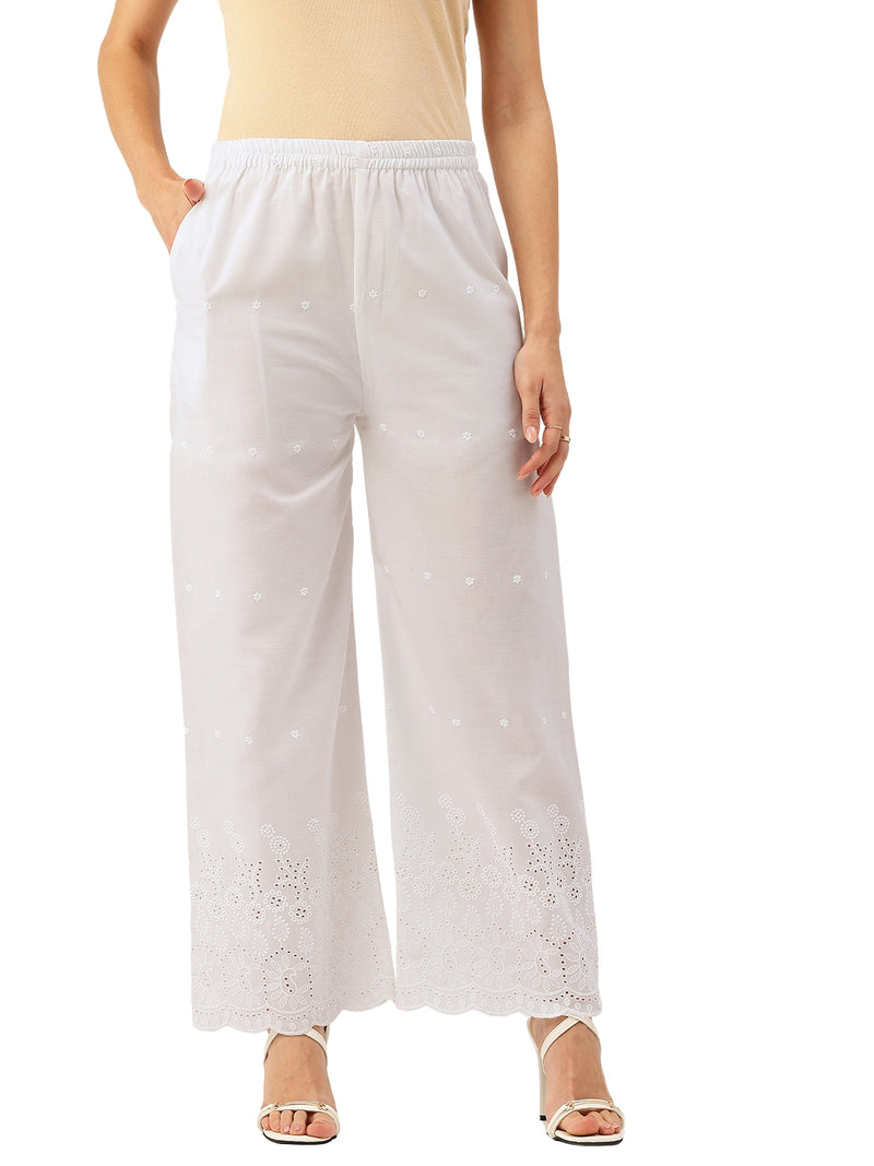 White Embroidered Palazzos–Fully Lined, Elastic Waist & Ankle-Length with Side Pocket
