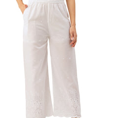 White Embroidered Palazzos–Fully Lined, Elastic Waist & Ankle-Length with Side Pocket