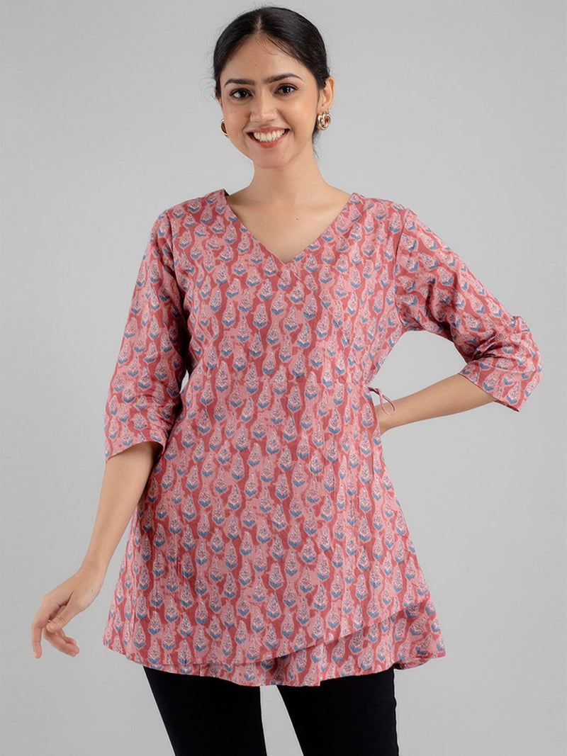 Floral Printed V-Neck Pure Cotton Angrakha A-Line Kurti