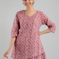 Floral Printed V-Neck Pure Cotton Angrakha A-Line Kurti