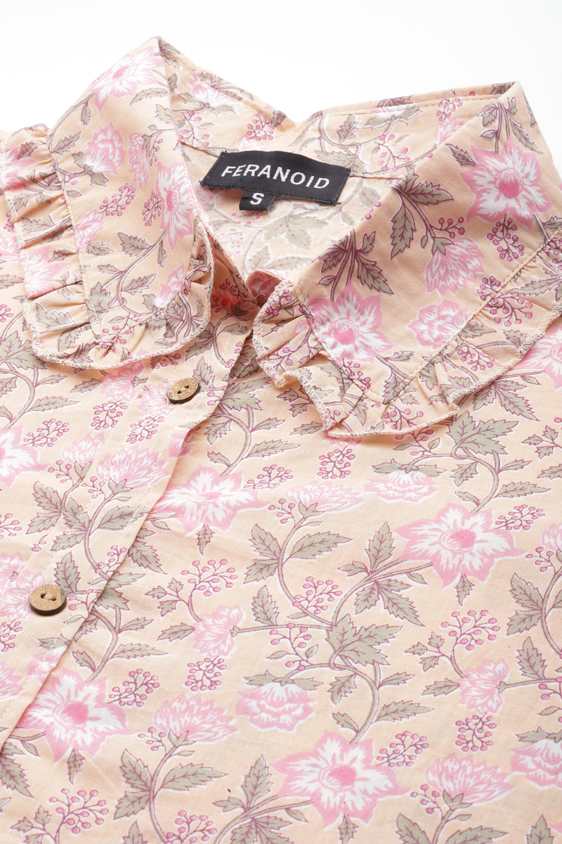 Pink Elegant Collared Co-Ord Set with Frill Detail & Elasticated Pants